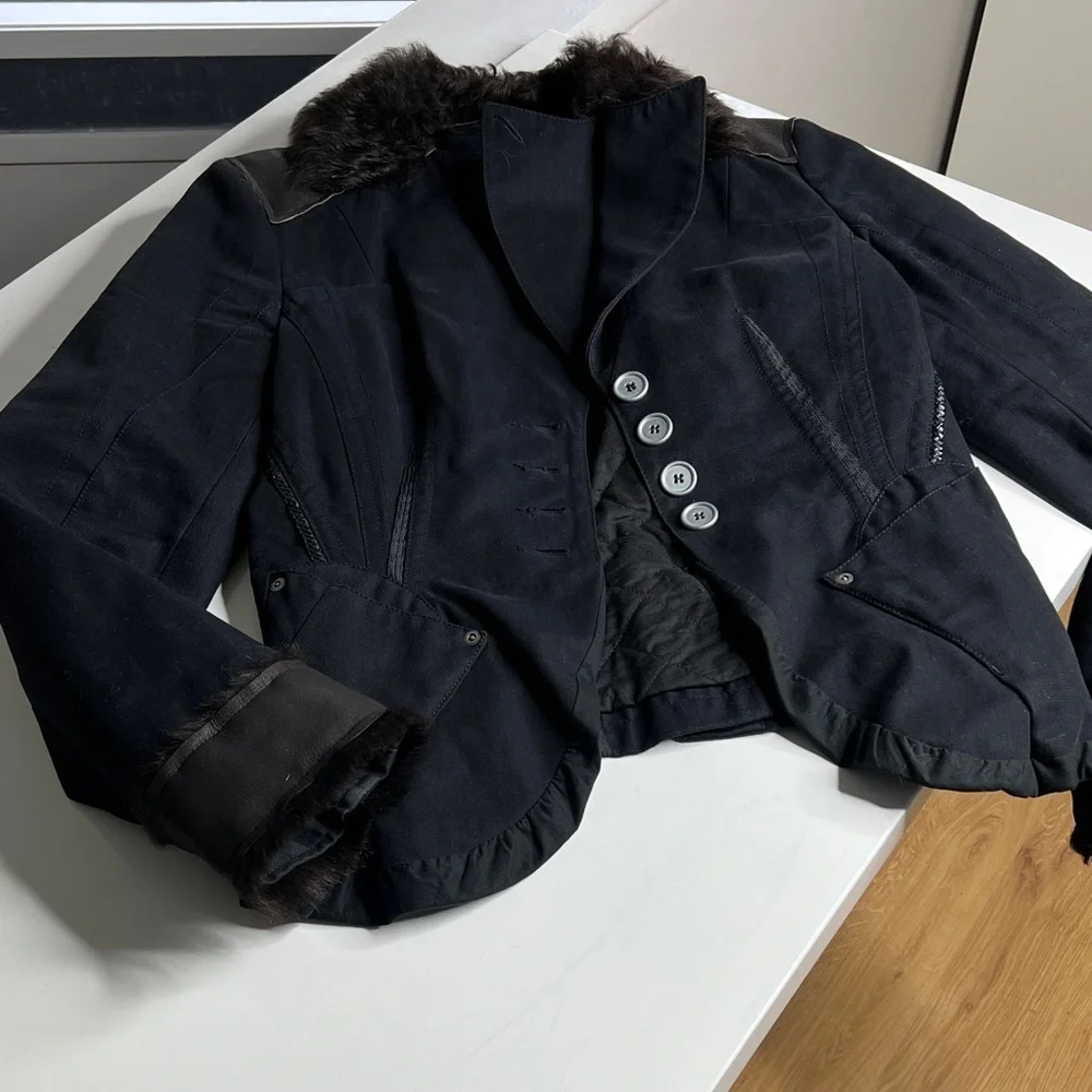 SportMax Code Sz 8 Cotton Leather Fur Fitted Quilted Interior Blazer Jacket